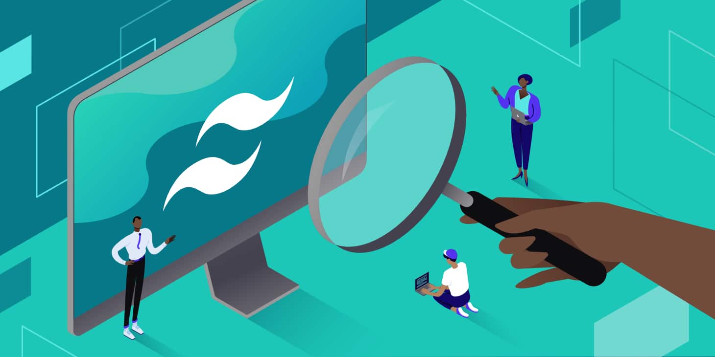 Imagen de un señor investigando como usar una computadora mientras este tiene el logo de TailwindCSS